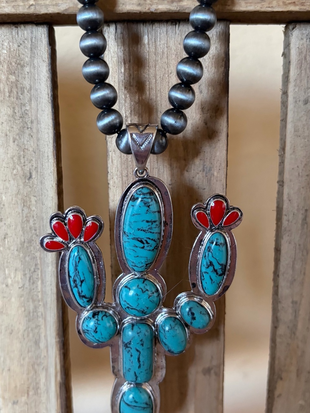 Western Boutique Silver Turquoise Red Large Cactus Pendant Necklace Navajo NEW